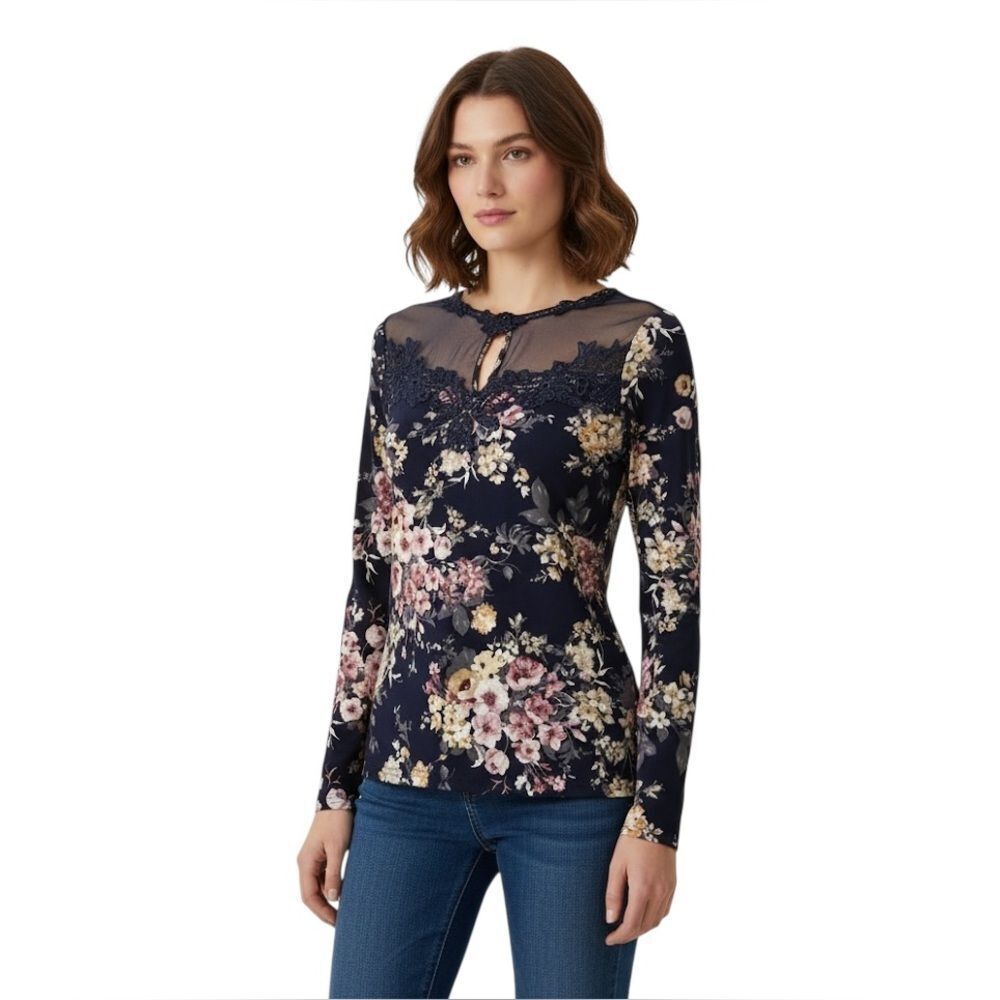 Venus Navy Floral Lace Mesh Yoke Long Sleeve Top